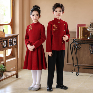 中国红儿童演出服小学生爱国演讲表演服诗歌朗诵合唱服主持人礼服