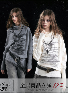 CestNous不对称歪斜链条涂鸦蝙蝠袖堆褶毛衣女秋冬宽松半高领毛衫