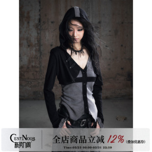 衬衣 女百搭抽褶收腰长袖 CestNous连帽假两件黑灰色针织开衫 小衫