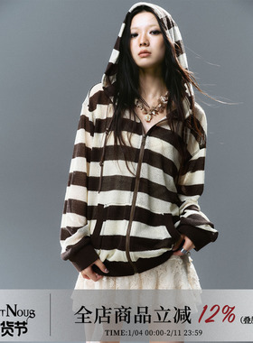 CestNous海巫诗语 朋克oversize宽松镂空针织条纹防晒连帽外套女