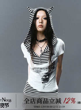 CestNous海巫诗语 字母星星印花猫耳连帽叠穿荡领条纹短袖T恤女