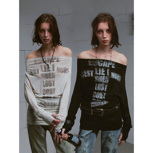 CestNous迷失末路 十字拓印堆堆蝙蝠袖一字肩天丝薄款长袖印花T恤