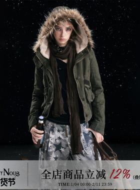 CestNous复古军旅金属扣毛领水洗连帽短款棉服女冬季夹棉夹克外套