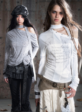 CestNous十字印花长袖针织斜肩T恤女百搭铆钉朋克风铆钉波点小衫