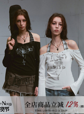 CestNous迷失末路 铆钉朋克印花一字领身挂脖长袖上衣女春夏小衫