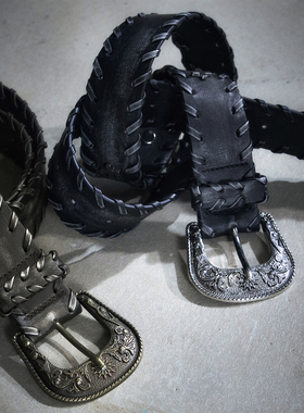 CestNous穿绳重工复古雕花扣擦色腰带女百搭做旧方形铆钉原创皮带