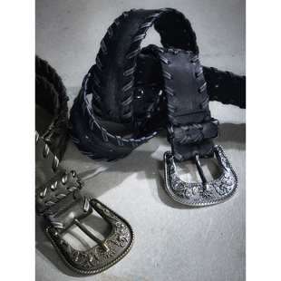 CestNous穿绳重工复古雕花扣擦色腰带女百搭做旧方形铆钉原创皮带