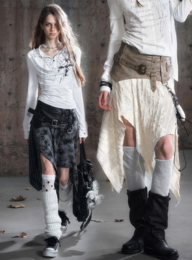 CestNous朋克拼接丝绒半身裙女秋季百搭腰带不规则格子裙摆中长裙