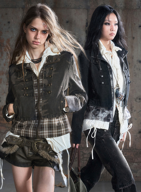 CestNous立领拉链正肩夹克外套女秋季百搭水洗做旧拼接迷彩短上衣