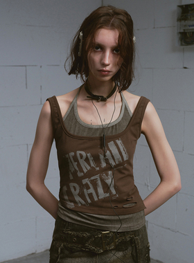 CestNous迷失末路 朋克印花修身真两件叠穿拼接吊带挂脖背心女夏