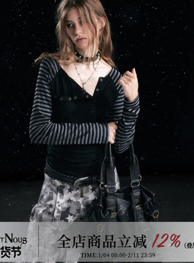 CestNous 朋克黑灰撞色条纹插肩长袖T恤女秋卡其棕修身内搭打底衫