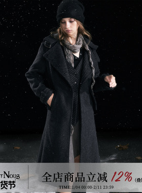 CestNous 古典宫廷骑士马甲叠穿排扣大翻领黑灰色毛呢大衣女秋冬