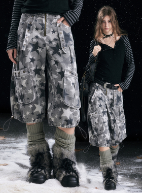 CestNous星星迷彩复古做旧口袋七分裤女秋冬军绿色口袋休闲工装裤