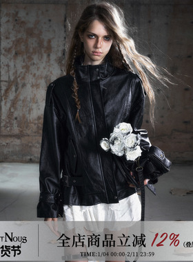 CestNous宽松黑色肌理感皮夹克女秋下摆调节oversize立领拉链外套