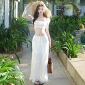 泰国海岛旅行拍照度假风套装 白色超仙女泡泡袖 上衣半身长裙两件套