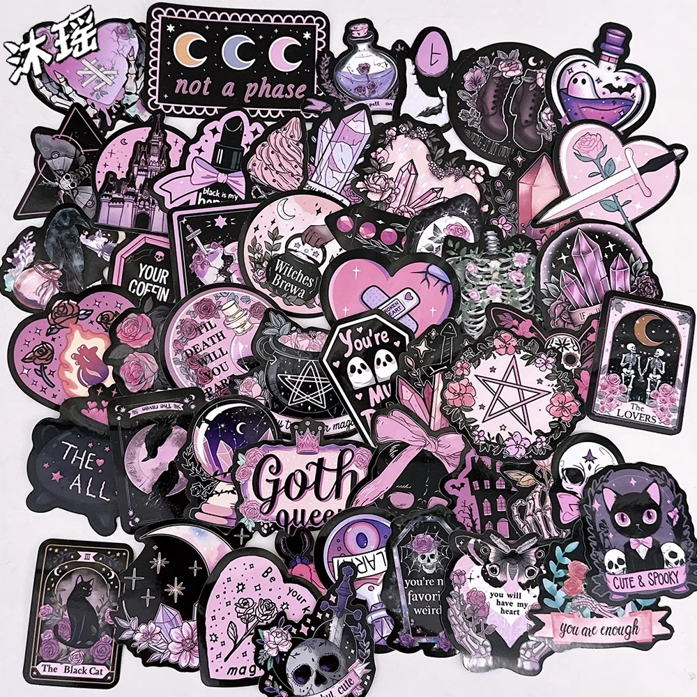 50张暗黑粉色系哥特风贴纸手帐本装饰diy行李箱ipad背卡防水贴画