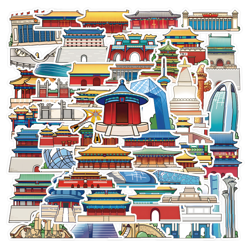 中国风北京建筑贴纸创意行李箱防水笔记本电脑桌面水杯装饰贴画
