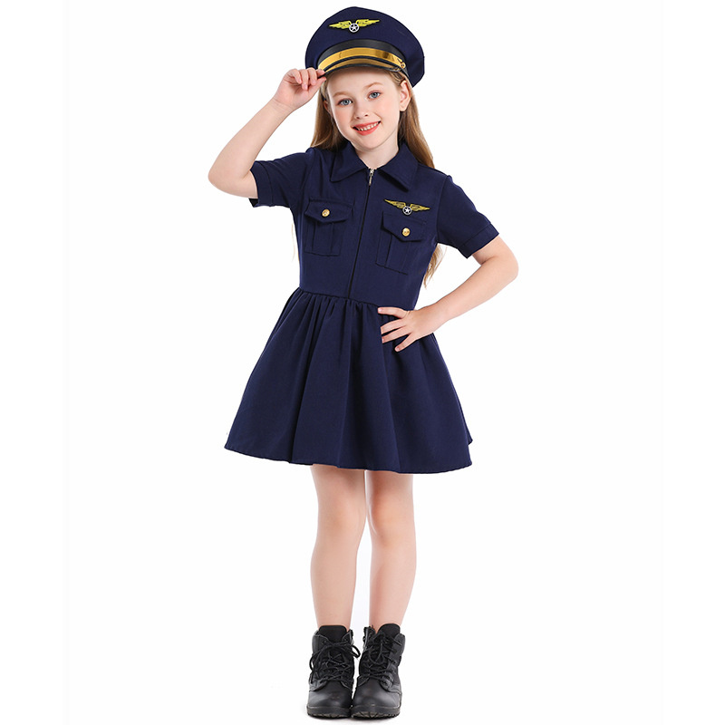 女童制服深蓝色飞行员服装警官制服幼儿园派对舞台装扮服演出服装