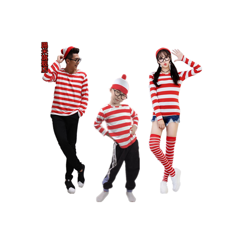 亲子装英国漫画Where's Wally 动漫聪明的沃里cos 欧美舞台演出服