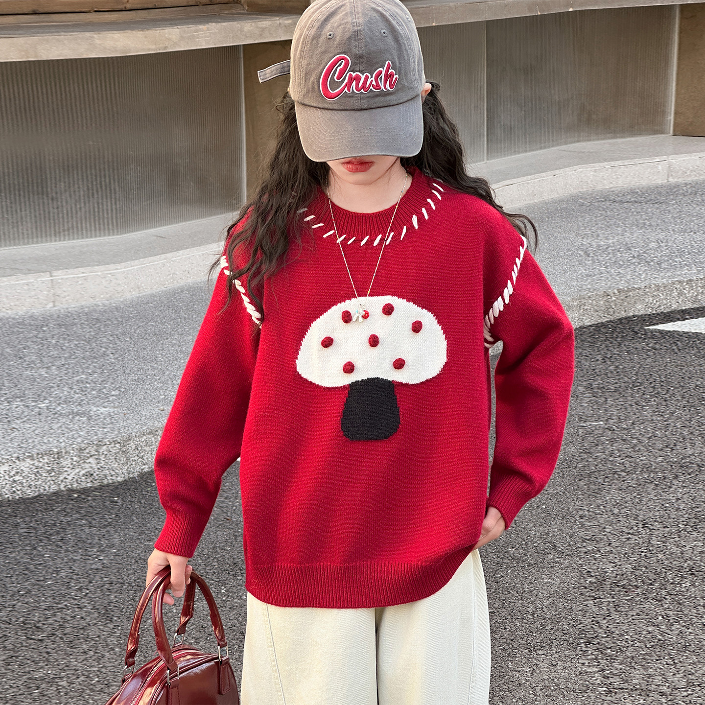 女童冬季加厚毛衣红色套头针织衫