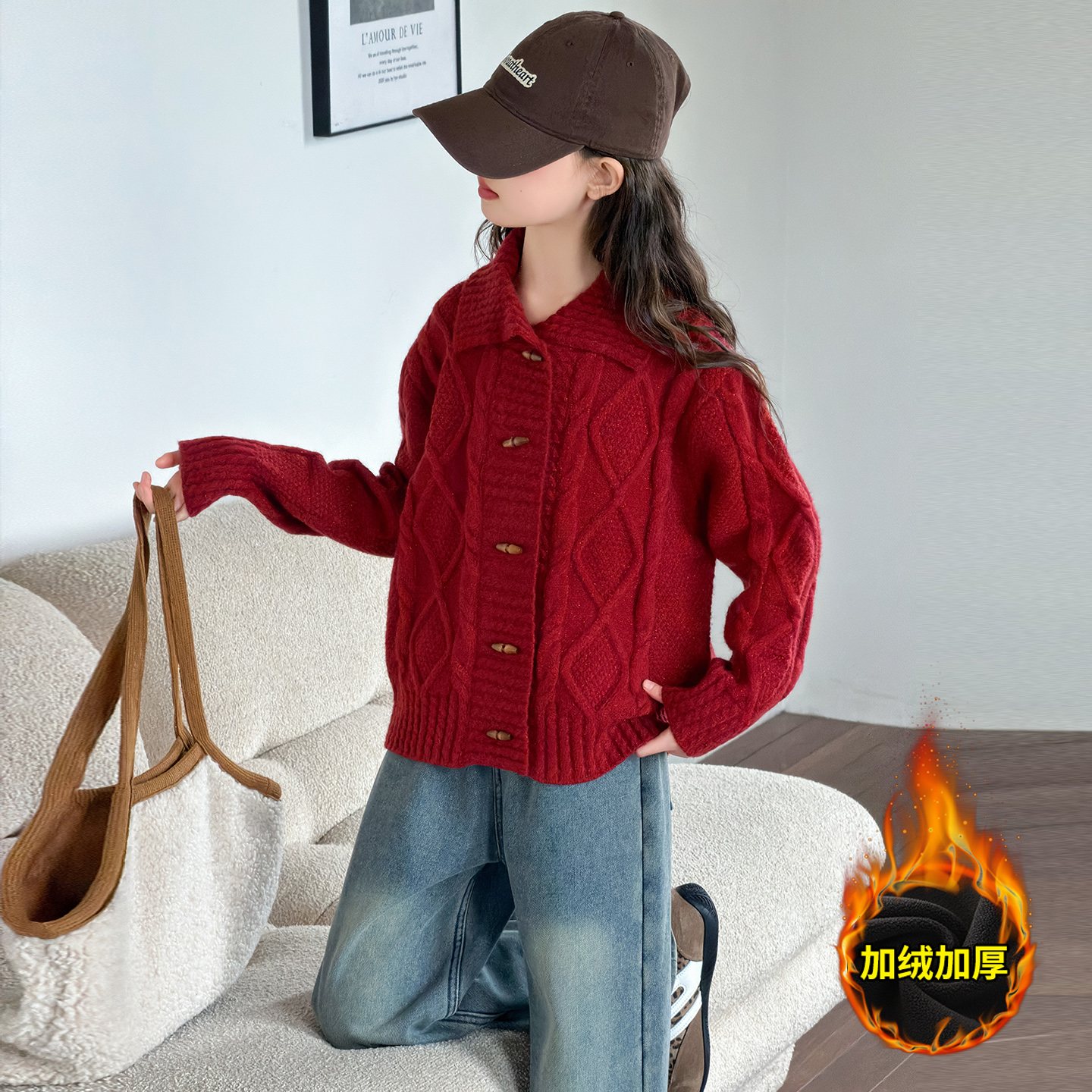 女童毛衣大童女孩红色针织开衫