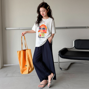 休闲套装 T恤两件套洋气中大童藏青色直筒裤 卡通印花短袖 女童夏季
