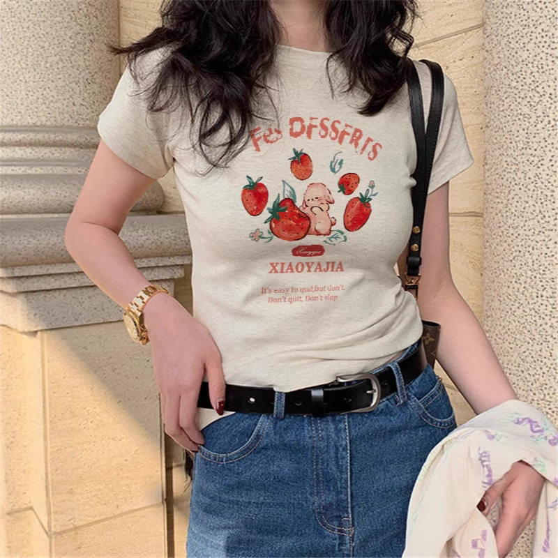 美式复古正肩卡通草莓小兔短袖t恤女夏季新款甜辣妹休闲百搭上衣