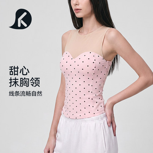 女士夏季修身瑜伽背心纯欲性感小礼服抹胸网纱背心固定椭圆杯
