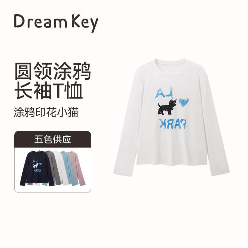 圆领涂鸦印花小猫长袖运动上衣女款健身瑜伽服外穿薄款6411