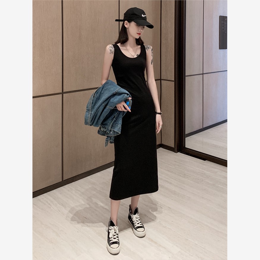 黑色吊带裙高级感裙子2025新款女无袖背心裙修身吊带连衣裙长款夏
