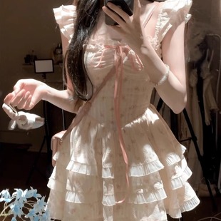 碎花公主裙女夏季 纯欲风甜美小飞袖 初恋收腰显瘦设计感蓬蓬短裙子