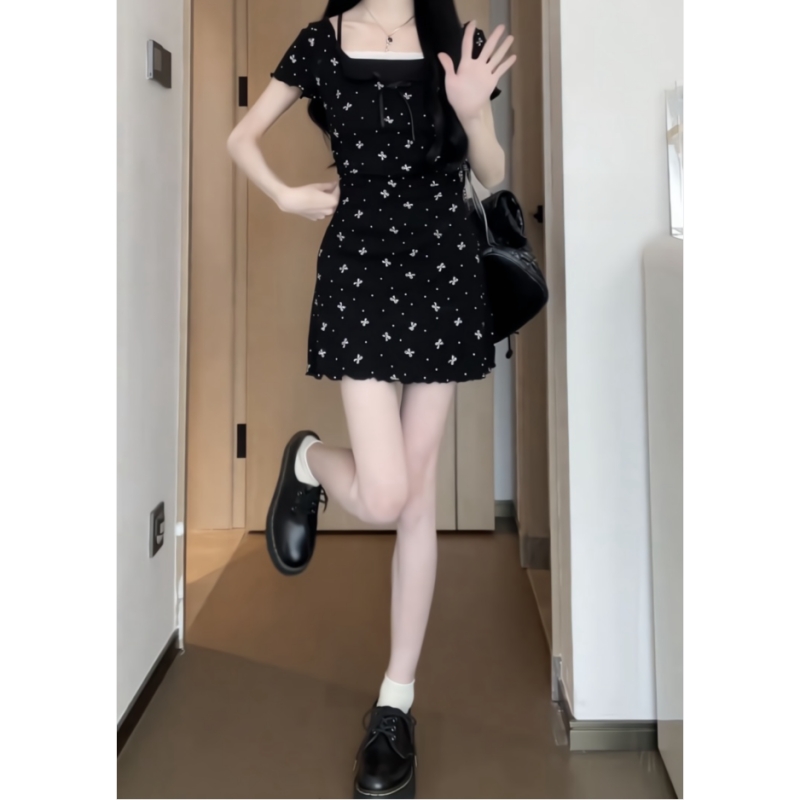 松本少女感短裙夏季收腰显瘦假两件针织蝴蝶结A字短袖连衣裙丧丧