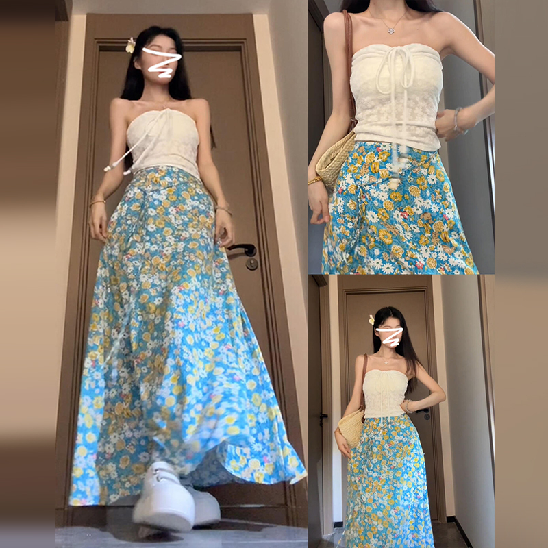 法式海边度假蓝色碎花连衣裙子女夏季2025新款高级感气质套装长裙