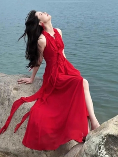 法式 海边度假高级感长裙 挂脖吊带连衣裙子女2025新款 爆款