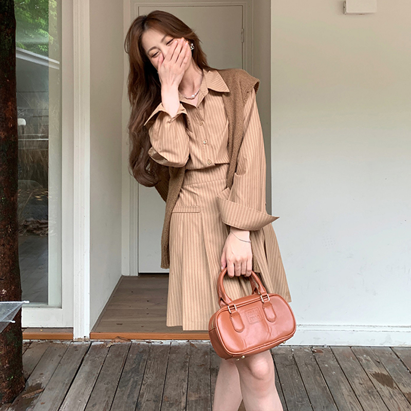 条纹长袖衬衫连衣裙子女春季2025新款韩系穿搭小个子法式气质长裙