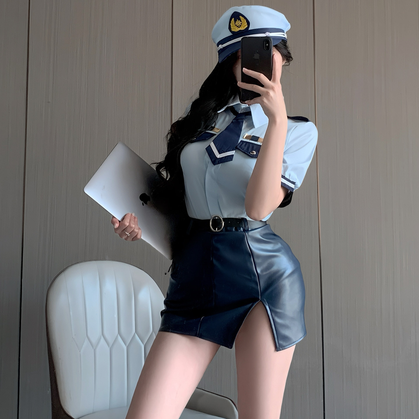 性感纯欲风女警教官空姐制服套装御姐诱惑漆皮夜店包臀裙主播演出