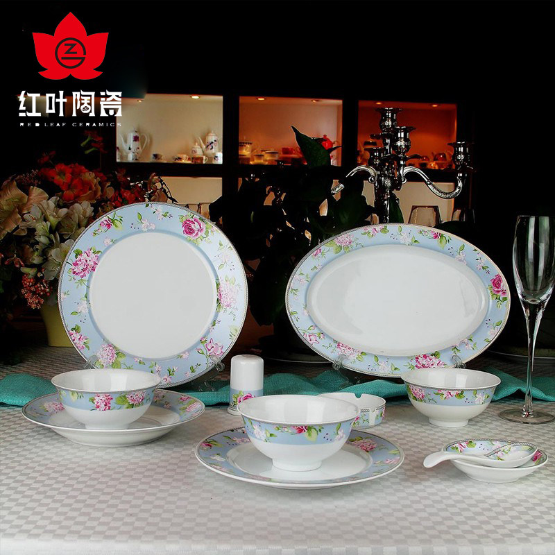 红叶陶瓷 碗碟套装家用欧式简约金边56头餐具套装景德镇碗盘组合