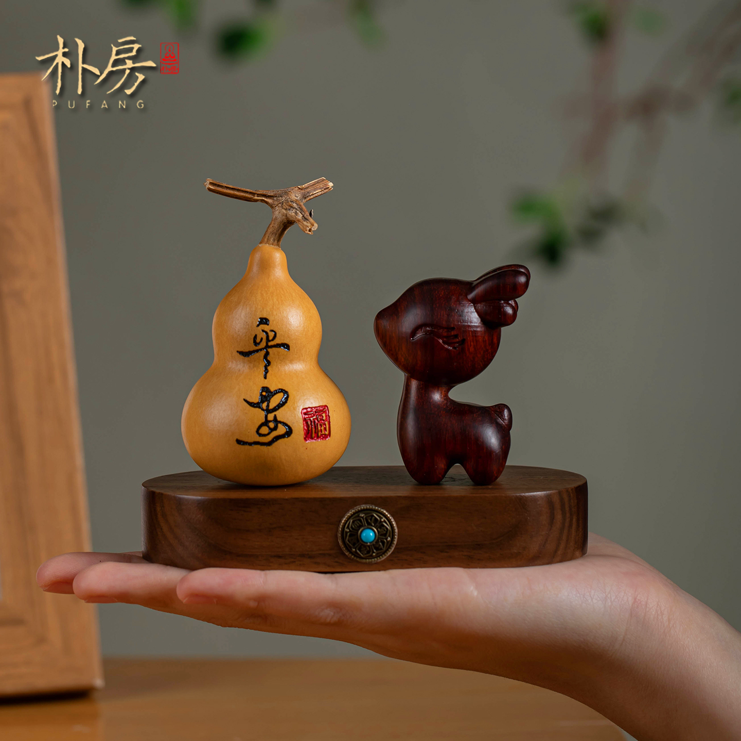 朴房紫檀小鹿车内装饰品摆件天然葫芦家居桌面摆饰乔迁礼物男女