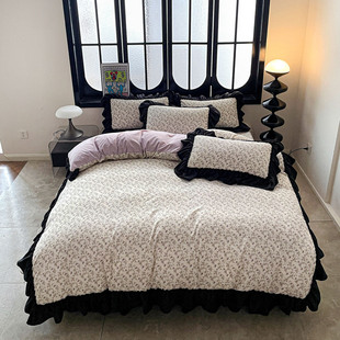 2026新款 赫本风套件大花边A类古法仿棉云感纱床盖床裙四件套 法式