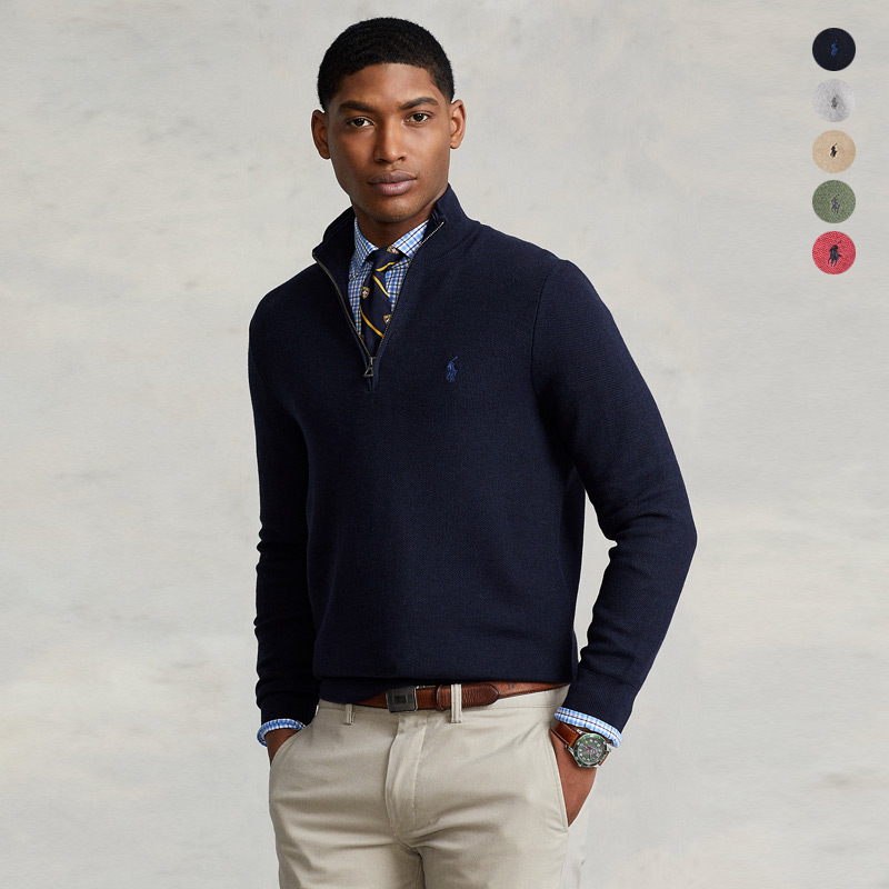 POLO RALPH LAUREN拉夫劳伦蜂窝纹毛衣男小马标半拉链套头针织衫