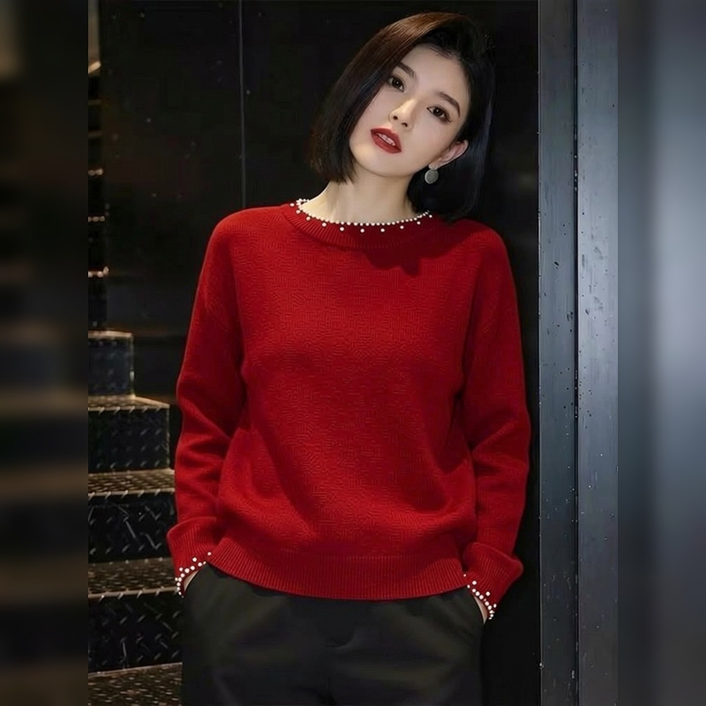 温柔慵懒风红色钉珠圆领针织毛衣女装春季新款新年氛围感洋气上衣,女装/女士精品,大码内搭,淘宝优惠券,粉丝福利购,淘宝优惠卷