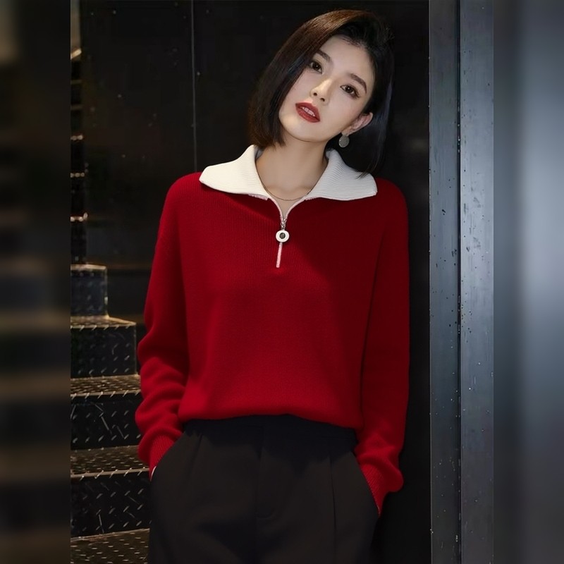 超好看红色毛衣女秋冬款宽松拼接翻领半拉链时髦设计感新年针织衫,女装/女士精品,大码内搭,淘宝优惠券,粉丝福利购,淘宝优惠卷