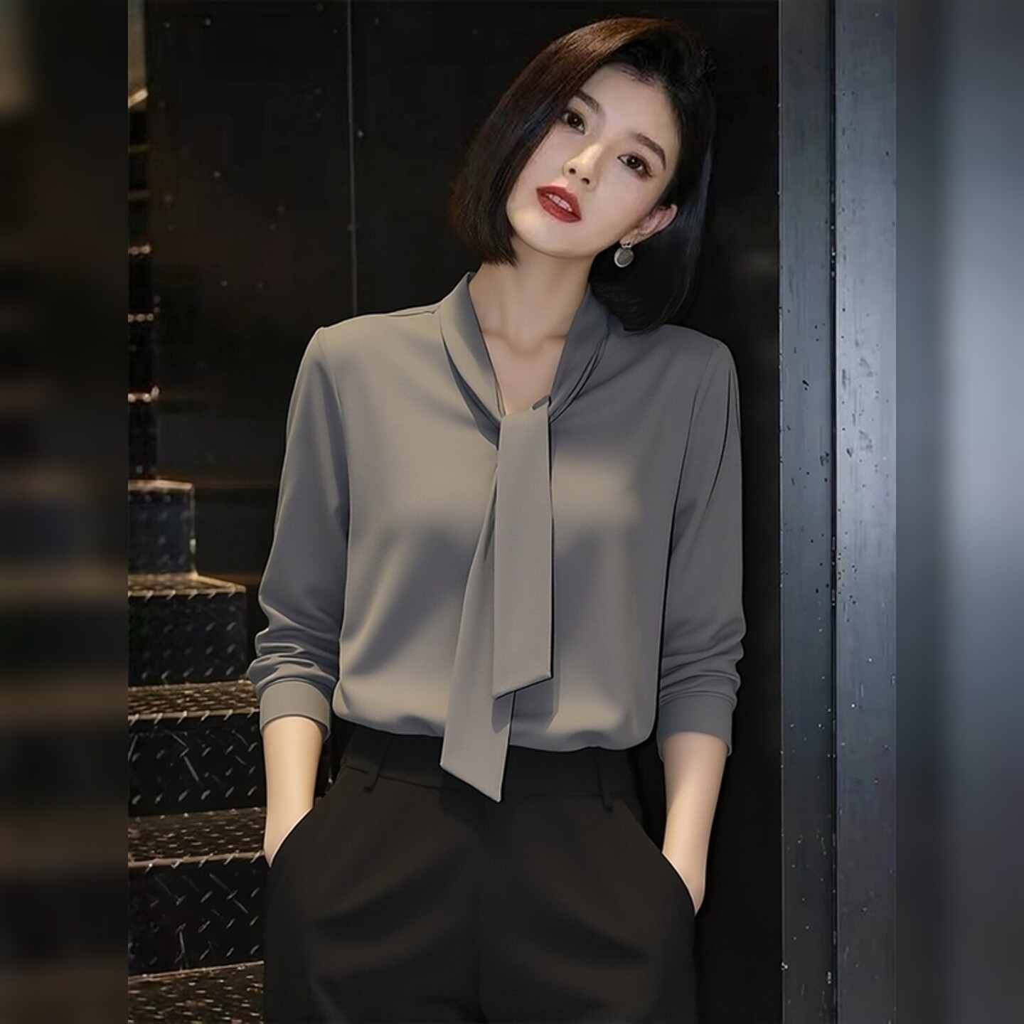 冷淡系通勤风灰色特别好看系带领衬衫女春季新款法式淡人高知上衣