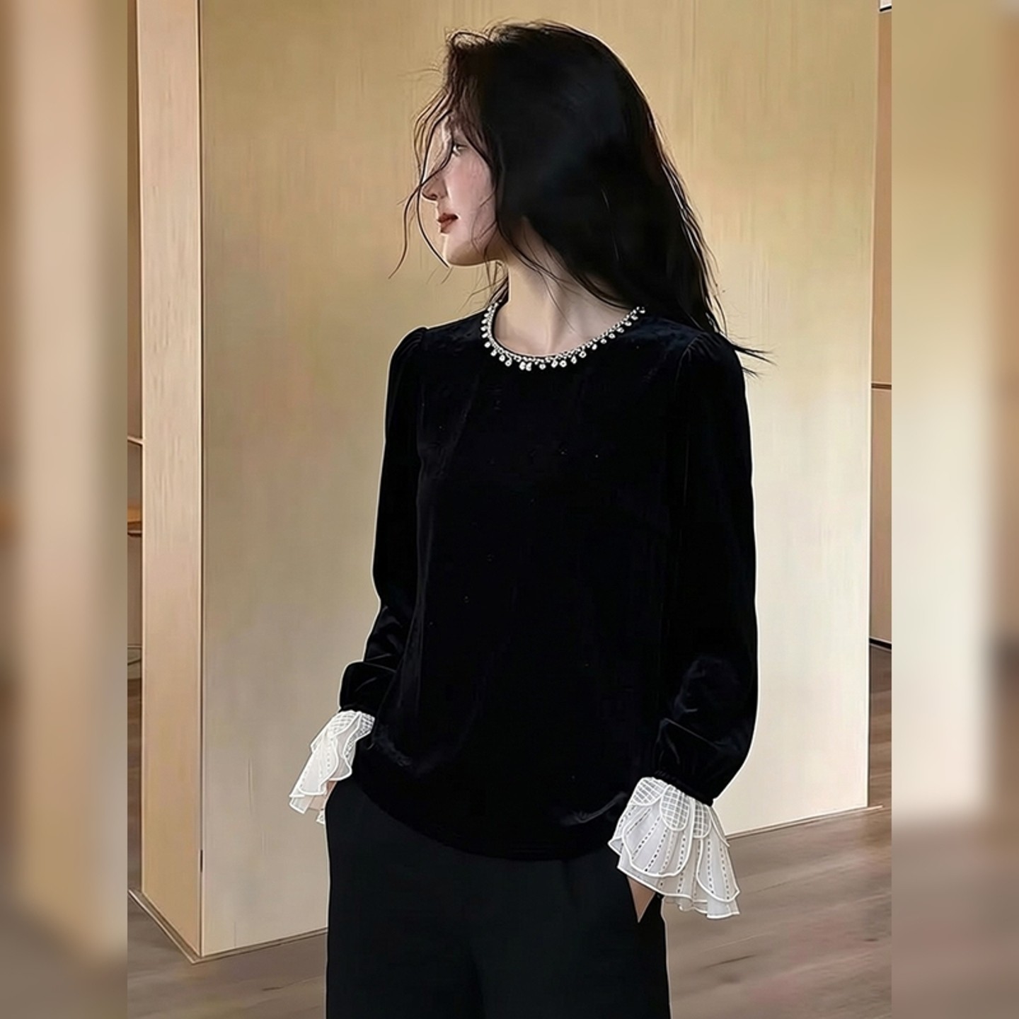 法式赫本设计感拼接丝绒上衣轻奢钉珠优雅气质黑色衬衫女春秋新款,女装/女士精品,大码内搭,淘宝优惠券,粉丝福利购,淘宝优惠卷