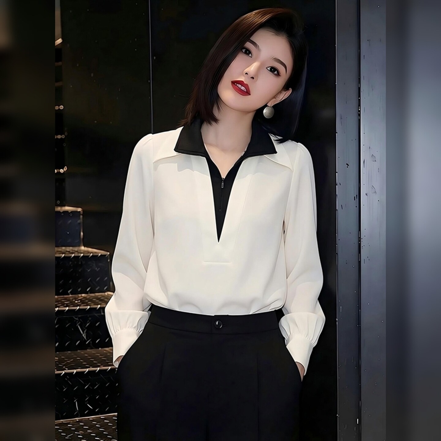 法式冷淡系白色假两件拼接拉链翻领衬衫女装春季新款特别气质上衣