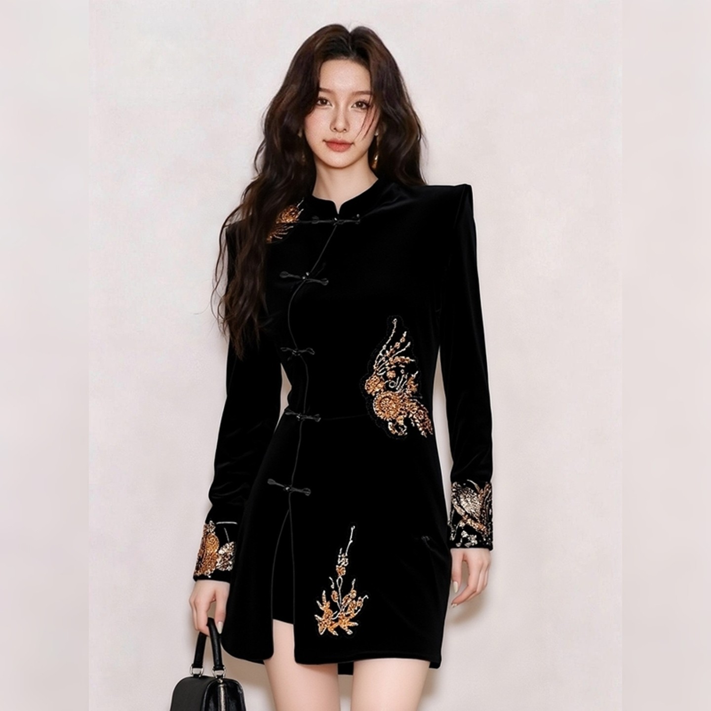 轻奢改良新中式钉珠刺绣丝绒黑色连衣裙女春季新款长袖高级感短裙,女装/女士精品,汉服套装,淘宝优惠券,粉丝福利购,淘宝优惠卷