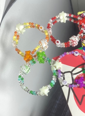 满五送一 原创DIY童趣y2k小熊彩虹糖果色hellokitty串珠手链