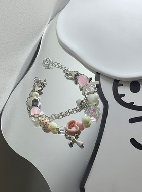 满五送一 原创DIY辣妹y2k春夏甜美陶瓷爱心双层十字架串珠手链