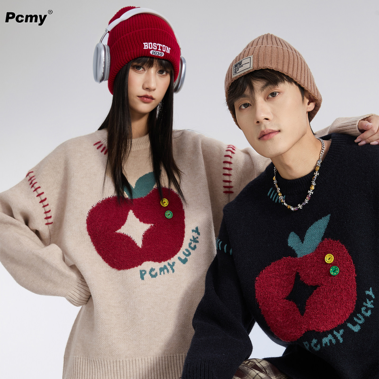 PCMY潮牌苹果提花圆领针织衫秋冬季加厚保暖宽松慵懒风情侣装毛衣