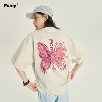 PCMY莺歌蝶舞潮牌短袖男2026夏季新款正肩情侣装全棉高级感T恤女